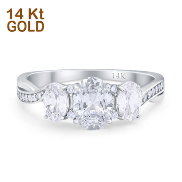 14K White Gold Oval Three Stone Simulated Cubic Zirconia Wedding Engagement Ring Size 7